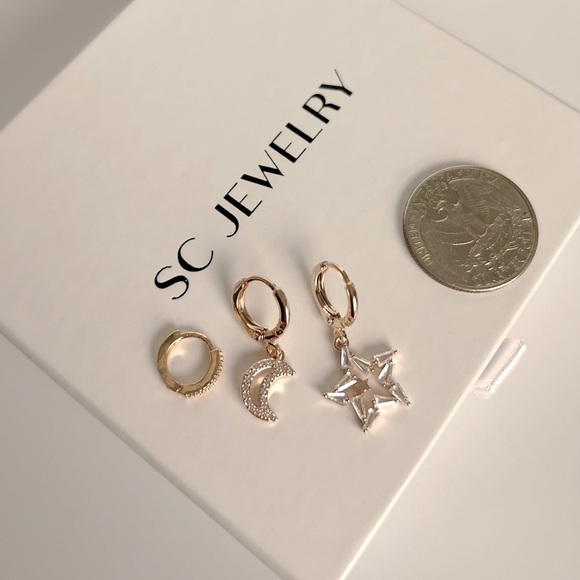 Star Moon Hoop Earrings Trio Earrings 18k Gold Plated Luxury Jewelry - Picture 4 of 9